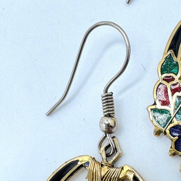 Vintage Cloisonne Gold Tone Floral Wreath Wired Pendant Earrings 2" X 1.25" - Picture 6 of 6